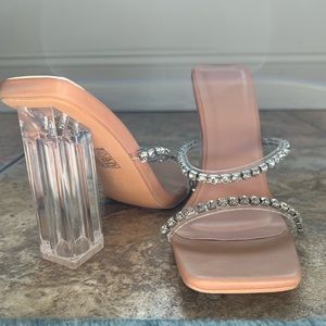 Nude square toe heel w/ rhinestone straps and clear block heel